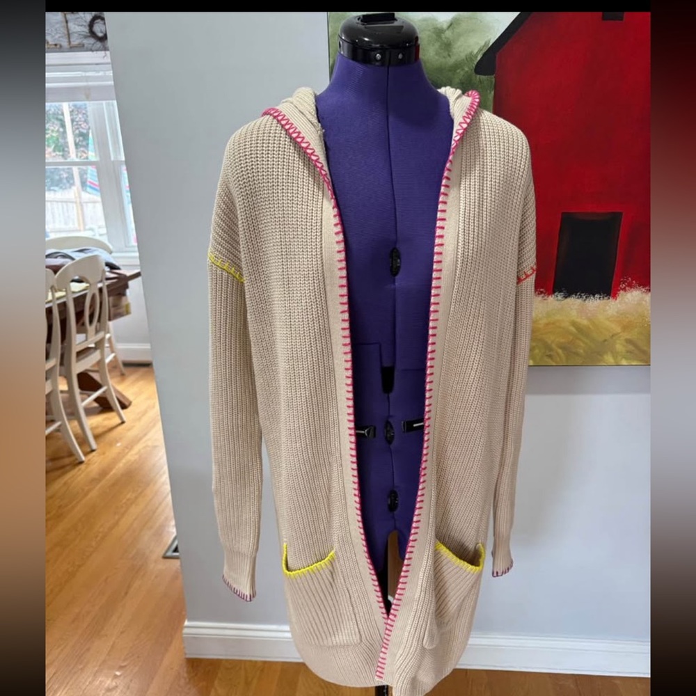 Beige Hooded Cardigan with Pink Trim